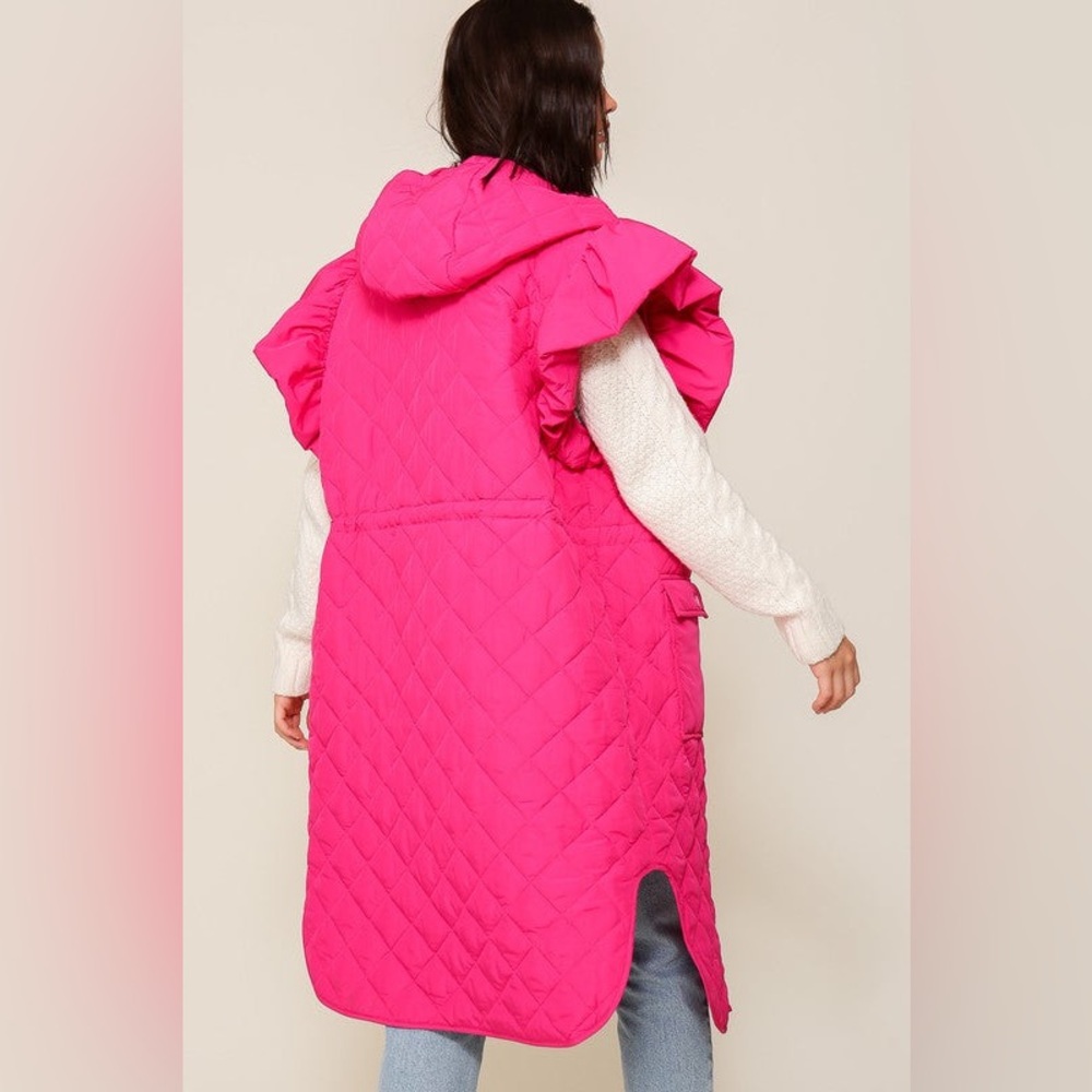 Timing Ruffle Cap Sleeve Quilted Midi Jacket Hot Pink Women’s Size Small New - Picture 3 of 12